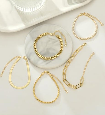 Gold Bracelets for Women 14K Gold Plated Stack Trend Bracelets Charm Paperclip Chain Cuban Link Layered Waterproof Bracelet Dainty Bracelet for Women Jewelry Gifts - color: 5Pcs Gold