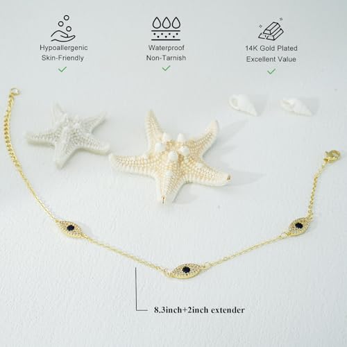 Bheop Ankle Bracelets for Women 14K Gold Silver Plated Waterproof Anklets | Evil Eye Pearl Heart Conch Shell Charm, Boho Adjustable Foot Chain, Dainty Summer Beach Jewelry Gifts, Non Tarnish - color: GD-Three Evil Eye