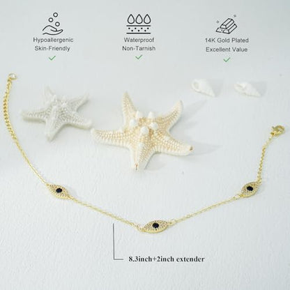 Bheop Ankle Bracelets for Women 14K Gold Silver Plated Waterproof Anklets | Evil Eye Pearl Heart Conch Shell Charm, Boho Adjustable Foot Chain, Dainty Summer Beach Jewelry Gifts, Non Tarnish - color: GD-Three Evil Eye