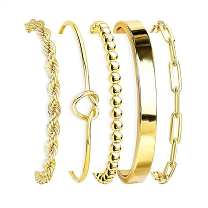 HERIER Gold Bracelets for Women 18k Gold Plated Bracelet Stack Bangle Cuff Bracelet Set for Women Non Tarnish Beaded/Paperclip/Cuban Link Chain Bracelets Jewelry for Women Trendy - style: Bangle Rope5-Gold
