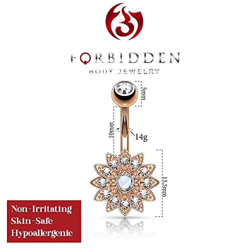 Forbidden Body Jewelry Surgical Steel Crystal Paved Petite Flower Belly Ring with Crystal Center - color: Rose Gold Tone/Clear