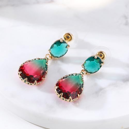 Crystal Earrings CXUEMH Teardrop Earrings for Women Blue and Green Dangle Earrings Elegant Earrings for Prom Emerald Green Earrings Formal Jewelry Crystal Drop Earrings - color: green and red