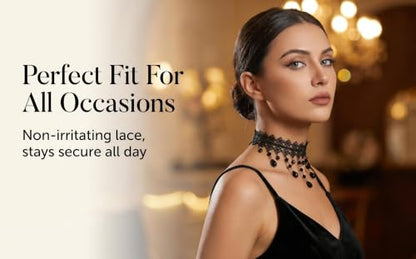 Black Lace Choker Necklace with Dangle Teardrop Crystals, Rhombus Lace Design for Gothic Outfit, Evening Prom, Daily Wear - color: Black