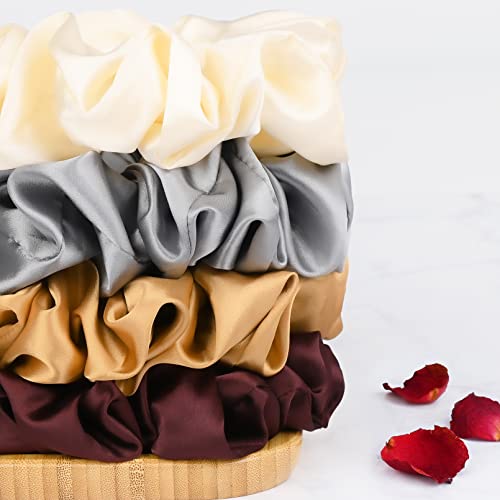 Brown Black Big Satin Scrunchies for Women 6.3Inches Large Scrunchie Coffee Satin Oversized Thick Elastic Hair Ties Jumbo Hair Scrunchies 6 Pack (black,coffee, champagne,brown,grey,dark brown) - color: Black, Coffee, Champagne, Brown, Grey, Dark Brown, si