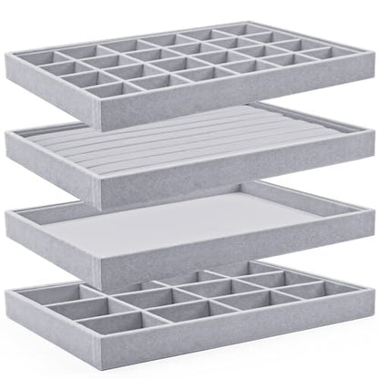 Lainrrew Jewelry Tray, 4 Pack Jewelry Organizer Velvet Jewelry Tray Stackable Jewelry Trays, Necklace & Earring Holder, Divided Bracelet & Ring Storage, 13.8"x9.5"x1.2" - Elegant Display Case (Gray) - color: Gray