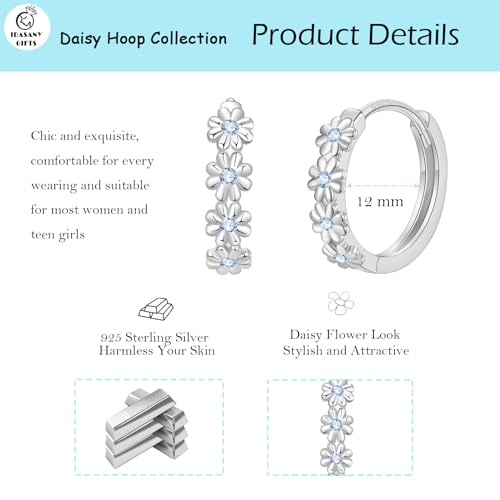Sterling Silver Hoop Earrings for Women, Dainty Small Huggie Hoop Earrings | Hypoallergenic Daisy Color Cubic Zirconia Flower Hoops Earring Jewellery Gifts for Ladies Birthday Wedding, 12mm Hoop - color: Blue