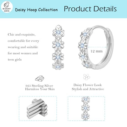 Sterling Silver Hoop Earrings for Women, Dainty Small Huggie Hoop Earrings | Hypoallergenic Daisy Color Cubic Zirconia Flower Hoops Earring Jewellery Gifts for Ladies Birthday Wedding, 12mm Hoop - color: Blue