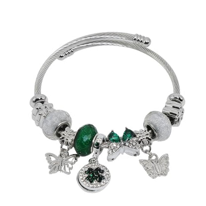 Charm Bracelets for Womens,Exquisite Cute Cartoon Friendship Silver Bracelets Stainless Steel Bangle, Womens Jewelry Suitable for Holiday Gifts and Birthday Gifts - color: Green Four Leaf Clover