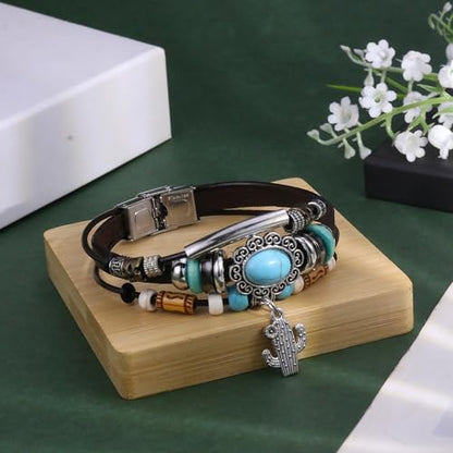 INENIMARTJ Western Turquoise Leather Wrap Bracelets for Men Women Boho Multilayer Turquoise Cuff Wrap Bracelet Western Bracelet Jewelry for Men and Woman - color: 19coffee