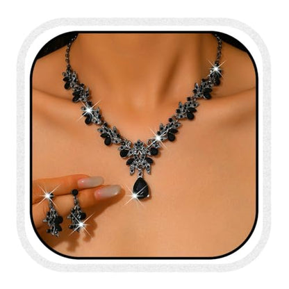 Rhinestone Bridal Wedding Jewelry Sets Gold Necklace Earrings Set Leaf Prom Formal Costume Jewelry Set for Women and Brides - color: Black