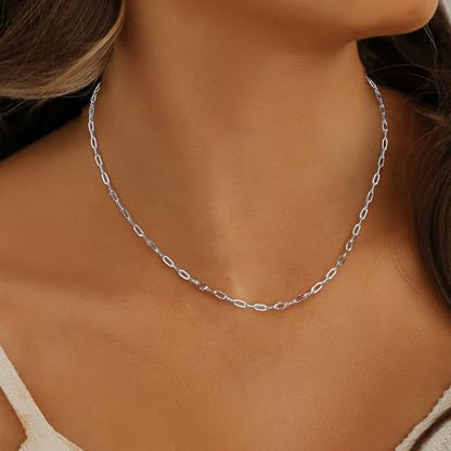 18K Gold Plated Paperclip Necklace Chain Dainty Choker Necklace for Women 14 15 17 inches - color: 2MM Silver, size: 17-19 inches