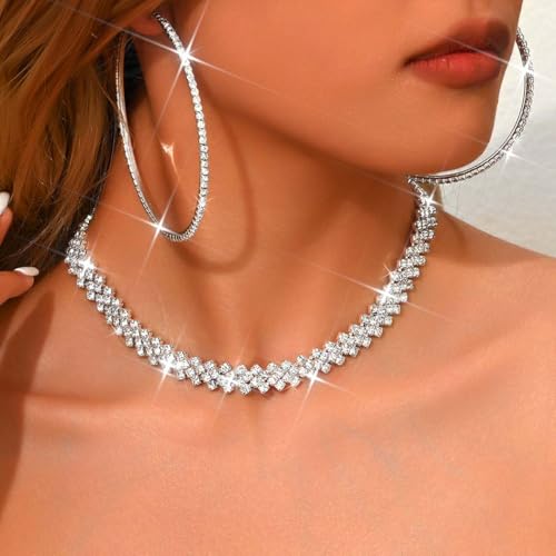 Black Jewelry Sets Rhinestone Necklace Hoop Earrings Bracelet Set Prom Formal Sparkly Costume Jewelry Sets for Women - color: Silver