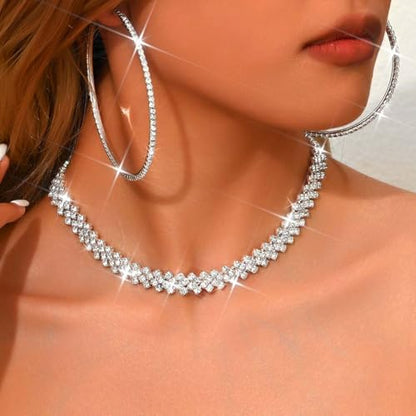 Black Jewelry Sets Rhinestone Necklace Hoop Earrings Bracelet Set Prom Formal Sparkly Costume Jewelry Sets for Women - color: Silver