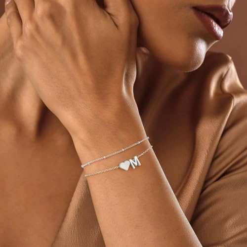 M MOOHAM Initial Bracelets for Women Teen Girls - Heart Letter A-Z Bracelet | Dainty 14K Gold Plated Jewelry, Heart Initial Bracelet, Bracelets for Women Girls Trendy, Birthday Gifts for Women Girls Her - color: Silver - B