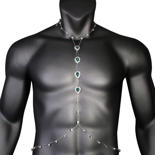 Rhinestone Green Heart Neck Chain Festival Rave Long Body Chain Necklace Summer Crystal Harness Body Chain Rhinestone Waist Belly Chain Jewelry for Women Men