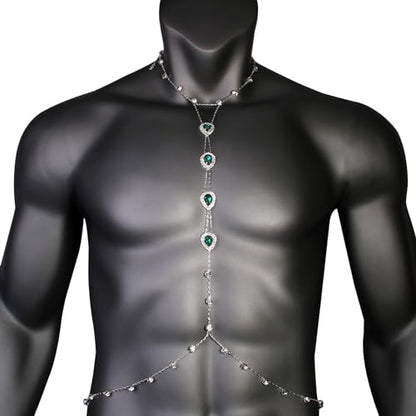 Rhinestone Green Heart Neck Chain Festival Rave Long Body Chain Necklace Summer Crystal Harness Body Chain Rhinestone Waist Belly Chain Jewelry for Women Men