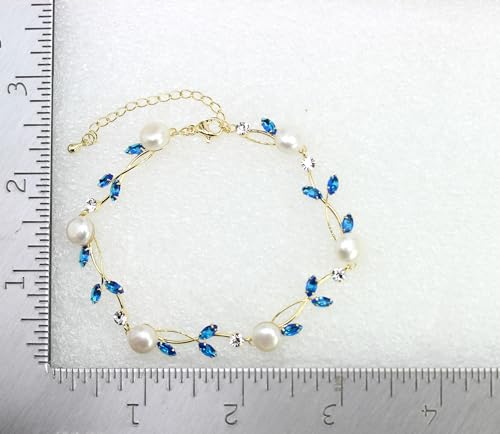 Faship Genuine Freshwater Pearls Floral Necklace Earrings Set | Premium CZ Crystal, Gorgeous, Sparkling - color: Blue / Gold Plated / Matching Bracelet