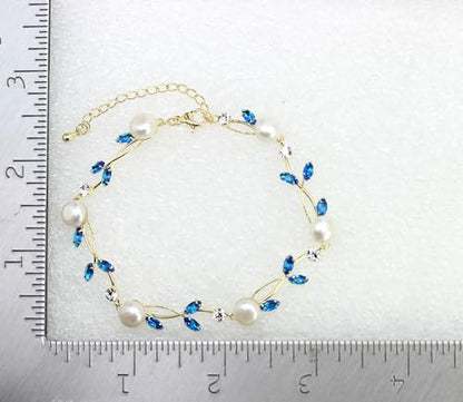 Faship Genuine Freshwater Pearls Floral Necklace Earrings Set | Premium CZ Crystal, Gorgeous, Sparkling - color: Blue / Gold Plated / Matching Bracelet