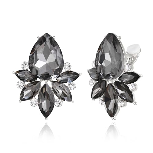 Flyonce Vintage Rhinestone Clip On Stud Earrings, Non-Piercing | Fancy Crystal Cluster, Teardrop Art Deco, Non Pierced, For Wedding Bridal Brides, Formal, Hypoallergenic - color: Grey Silver-Tone