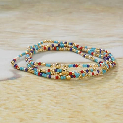 Seed Beaded Stack Bracelets Set for Women,Small Boho 4Pcs Colorful Handmade Dainty Trendy Gold Stretch Accessories Jewelry, Summer Daily Party Friendship Gift - color: Aqua Blue