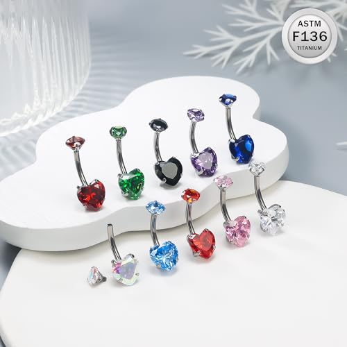 ASTM F136 Titanium Belly Button Rings 14G CZ Heart Belly Navel Rings 10mm Bar Body Piercing Jewelry Navel Ring With 1PCS Curved Piercing Taper - color: Blue CZ