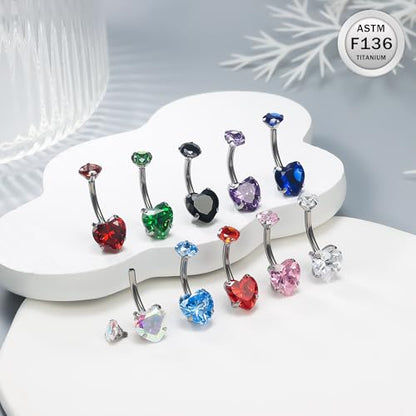 ASTM F136 Titanium Belly Button Rings 14G CZ Heart Belly Navel Rings 10mm Bar Body Piercing Jewelry Navel Ring With 1PCS Curved Piercing Taper - color: Pink CZ