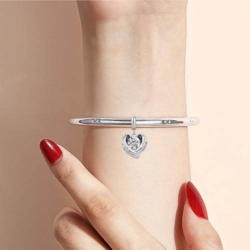 KunBead Guardian Angel Heart Wings Birthstone Dangle Birthday Charms Compatible with Pandora Charm Bracelet for Women - color: White