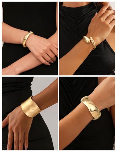 sailimue Chunky Gold Bracelets for Women Non Tarnish Bangles 4 Pcs | 16K Gold Plated Cuff Bracelets Stack Hinged Open Bangle Trendy Jewelry Gifts - style: Style B