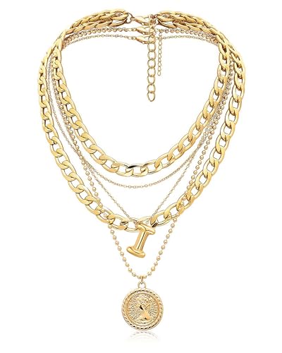 MJartoria Layered Necklaces for Women Trendy Balloon Initial Coin Pendant Necklace Dainty Chunky Chain Choker Necklaces Jewelry Birthday Gifts - color: Gold, style: I