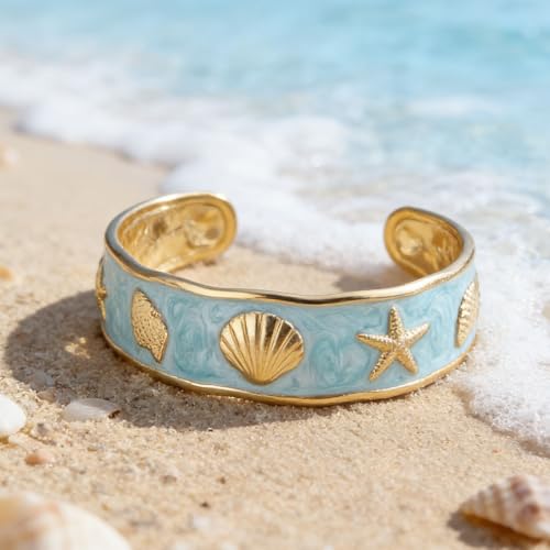 YBMYCM Chunky Shell Cuff Bracelet for Women, Hammered Boho Open Bangle | Adjustable Irregular Wide Bracelets Jewelry Gifts for Women, Perfect for Daily Wear - color: Blue2