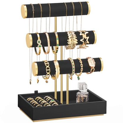 SONGMICS Bracelet Holder Stand, Jewelry Display Stand, Jewelry Organizer, with 3 Tiers and Velvet Tray, Removable Ring Holder, Ink Black UJJS027B01 - color: Ink Black