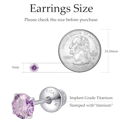 Limerencia Birthstone Screw Back Earrings G23 Implant Grade Titanium Stud Earrings Hypoallergenic Cubic Zirconia Posts Studs Jewelry Gifts for Girls Sensitive Ears - color: February