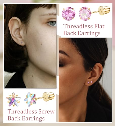 Staligue 8 & 21 Pairs Hypoallergenic Screw Back Earrings for Women – 20G Surgical Steel Flat Back Studs with Heart, CZ, Pearl, Star & Ball Designs | Tiny Cartilage Jewelry Options - color: Gold