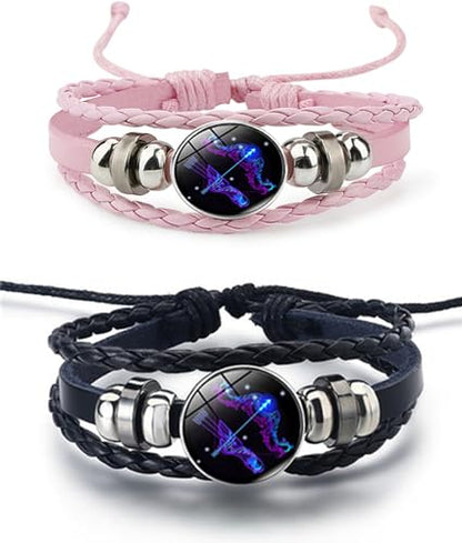 2Pcs Twelve Zodiac Leather Bracelet - Adjustable Zodiac Jewelry Accessory - color: Sagittarius