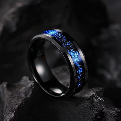 King Will Mens Wedding Band with Foils Inlay, Black/Silver/Gold Beveled Edge Glowstone Ring, 6mm/8mm Tungsten Carbide Rings Comfort Fit - color: Black&Blue-8mm