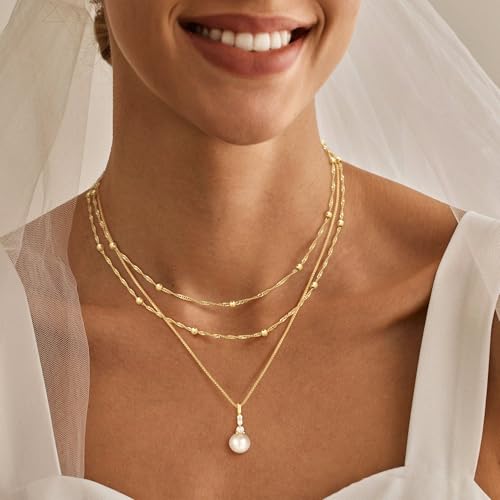 MFRYK Gold Necklaces for Women,14K Gold/Silver Plated Choker Layered Necklace Dainty Pearl Disc Cross Circle Heart Pendant Chain Stackable Necklaces, Multilayer Jewelry Set Gifts for Women - style: 3Layered Pearl-GD