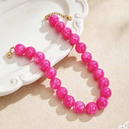 Chunky Beaded Necklace for Women Trendy Boho Collar Statement Necklace Large Round Resin Beads Choker Necklaces Summer Beach Jewelry Gifts - color: Rose Red