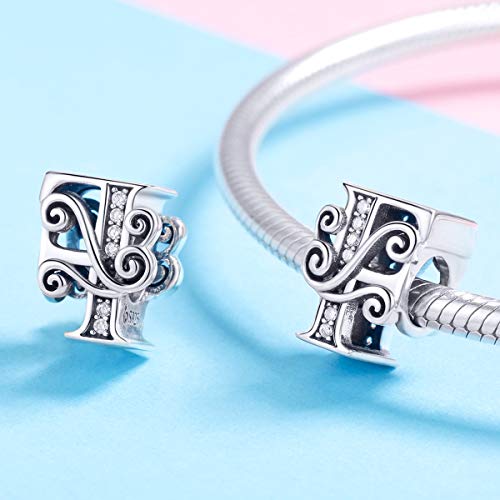 BISAER 925 Sterling Silver Initial Letter A-Z Charms for Bracelets Alphabet Beads Charm Jewelry Gifts - color: Letter F