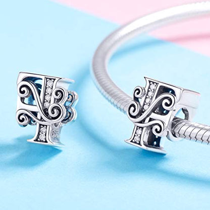 BISAER 925 Sterling Silver Initial Letter A-Z Charms for Bracelets Alphabet Beads Charm Jewelry Gifts - color: Letter F