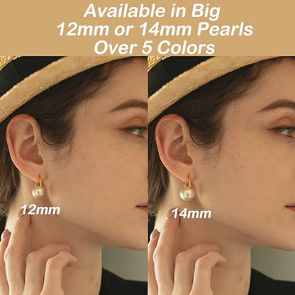 HUGE TOMATO Elegant 925 Sterling Silver Pearl Drop Earrings for Women, 14K Gold Plated Dangle Stud Earrings, Hypoallergenic Large Pearl Hoop Earring dangling 12mm - color: White Pearl Gold Hoop