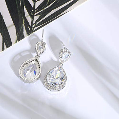 Bridal Jewelry Set for Wedding - 18k Plated Teardrop CZ Crystal Cubic Zirconia Rhinestone Necklace Earrings Set for Bride Bridesmaids Mother of Bride Party Prom Birthstone Costume Jewelry - color: Apr-Diamond