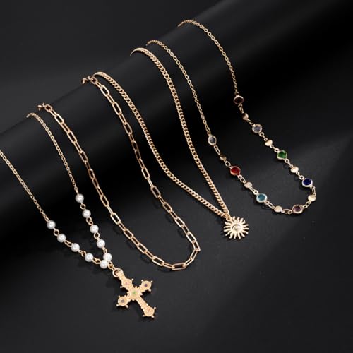 MODRSA Gold Stacked Layered Necklaces for Women Pearl Pendant Charm Cross Lariat Slip Shell Starfish Y Chain Necklace Adjustable Silver Boho Jewelry Gifts for Women Summer Vacation Beach Accessories - color: A1- Layered cross pearl - Gold