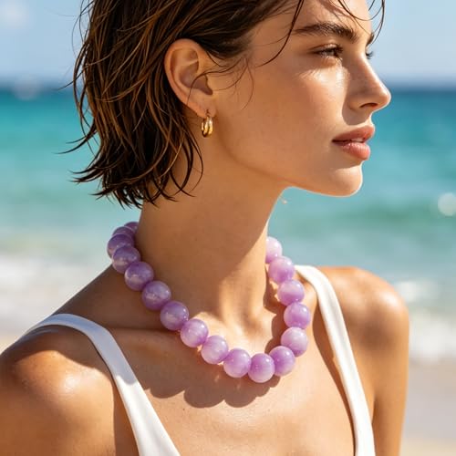 Beaded Necklace for Women Boho Chunky Large Round Beaded Statement Choker Trendy Adjustable Resin Necklaces Summer Beach Jewelry Gifts - color: Light Purple