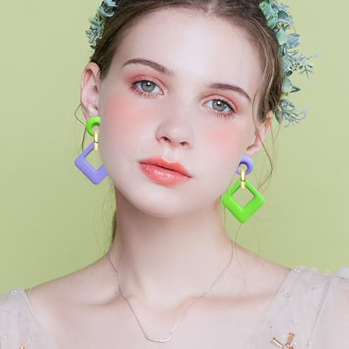 70s 80s Vintage Resin Neon Square Dangle Drop Earrings Simplicity Acrylic Hollow Round Circle Geometry Stud Earrings for Women - style: Green Purple