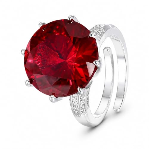 Large Round Gem 8-Prong Open Ring, 3 Colors Red Blue Aqua Green Triple Pave Silver Heavy Cocktail Ring for Women - color: red