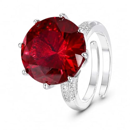 Large Round Gem 8-Prong Open Ring, 3 Colors Red Blue Aqua Green Triple Pave Silver Heavy Cocktail Ring for Women - color: red