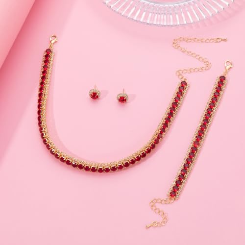 Women Rhinestone Crystal Jewelry Set Crystal Tennis Design Rhinestone Choker Necklace Link Bracelet Teardrop Earrings Set Wedding Bridal Bridesmaids Party - color: Gold Plated Red Crystal(2)