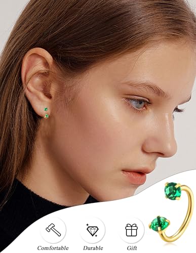 Akeoqi Horseshoe Nose Rings 316L Surgical Steel Half Hoop Earrings for Women Internally Threaded Cartilage Helix Tragus Earrings Double CZ Eyebrow Lip Piercing 18G 20G 8MM Silver Gold Plated - color: Gold,Colorful CZ