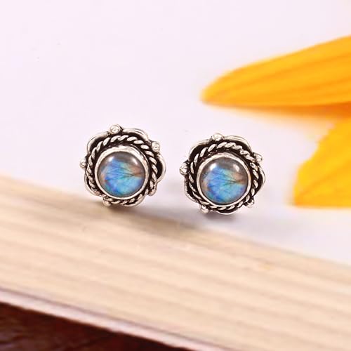 925 Sterling Silver Gemstone Stud Earrings for Women | Handmade Birthstone Jewelry | Labradorite, Turquoise, Carnelian, Moonstone, Black Onyx, Amethyst