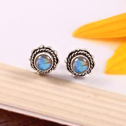 925 Sterling Silver Gemstone Stud Earrings for Women | Handmade Birthstone Jewelry | Labradorite, Turquoise, Carnelian, Moonstone, Black Onyx, Amethyst